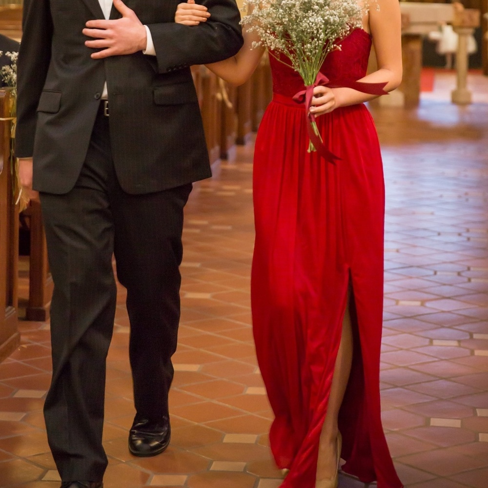 Red lace and chiffon evening gown w/ front slit